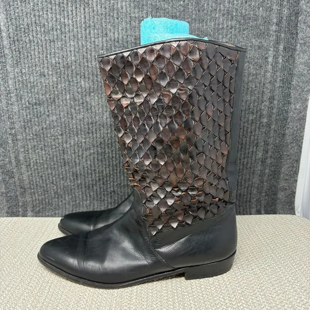 Lorenzo Banfi Woven Mid Calf Leather Boots Black Brown Italy Mens 12